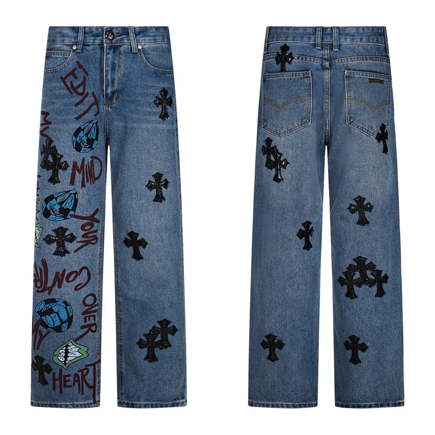 P220 Chrome hearts print stitching black leather classic washed jeans. Really restores the ultimate vintage texture. Three-dimensional version. Loose and comfortable, not picky on the figure. Makes taller and slimmer. Factory precision. Original factory quality control. Same style for men and women. Can be matched with couples. Versatile recommendation. Must-have jeans for all seasons. Fashionistas have been disappointed. From the quality selection of fabrics, the tailoring of details, and the matching of patterns, they are all impeccable! The upper body is so handsome when worn...it can be easily worn by men, women and children! The craftsmanship is made of heavy-duty washed pure cotton denim fabric. After washing, it is soft and thick. It is very stylish when worn on the body. Style number: 1760# Color: blue Size: 28 30 32 34 36